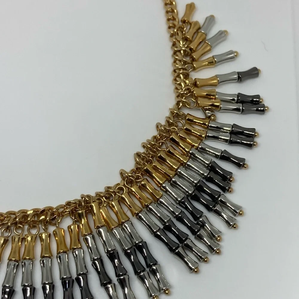Gold and Silver Two Tone Fringe Statement Necklace Layered Fashion Jewelry